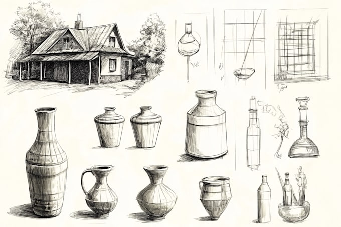 create pen and ink still life drawings and object illustrations