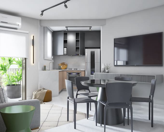 visualize 3d airbnb apartment, commercial space interior, rental home, rendering