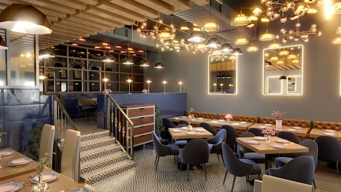 render 3d restaurant interior design, café bar interior, 8k interior rendering
