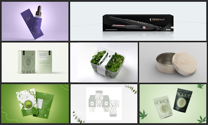 do a modern product packaging, label design, pouch design, and box design