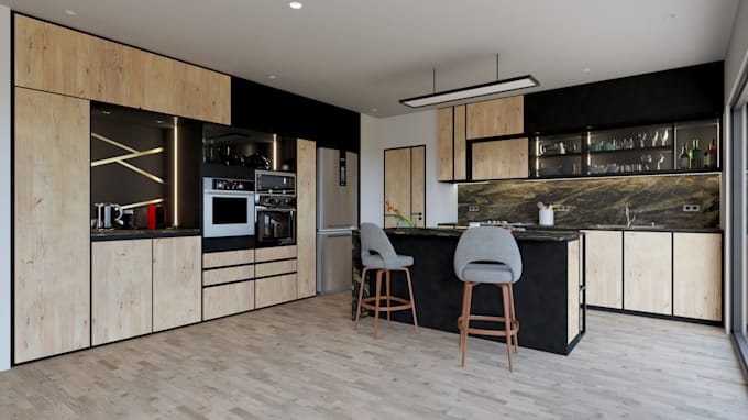 design a custom kitchen with moodboard, and 3d renders