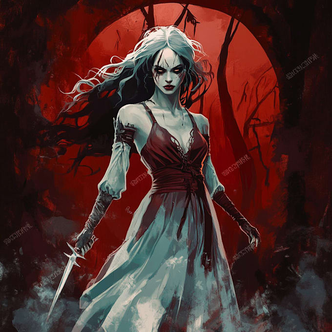 do a dark horror fantasy character art in black and white