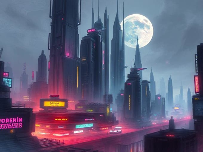 draw futuristic cyberpunk city and sci fi concept art