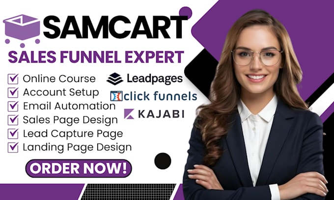 build samcart sales funnel, landing page, kajabi website, leadpages, carrd