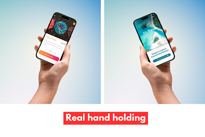 design clean hand holding phone mockups for your app