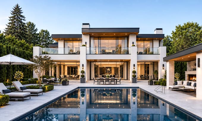 do exterior design, 3d rendering, facade, pool and backyard landscape design