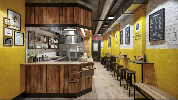 design realistic 3d kitchen interior rendering for restaurants and cafes shops