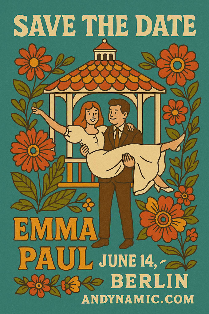 draw a retro wedding invitation or save the date