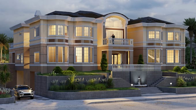 classic exterior design with terrace, landscape, lighting, parking space, render