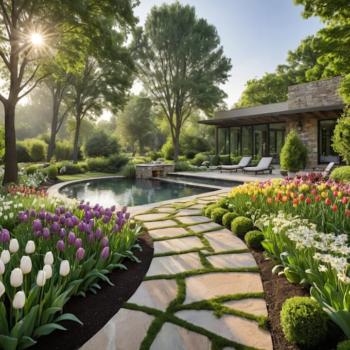 design 3d garden design, swimming pool, backyard patio, exterior rendering