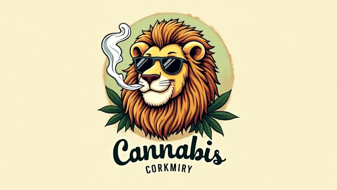 make eye catching lion smoking cannabis mascot logo design in my style