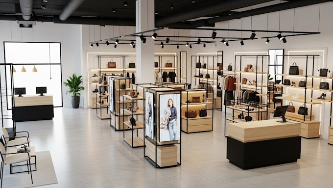 do 3d commercial interior design for supermarket, retail store and wine shop