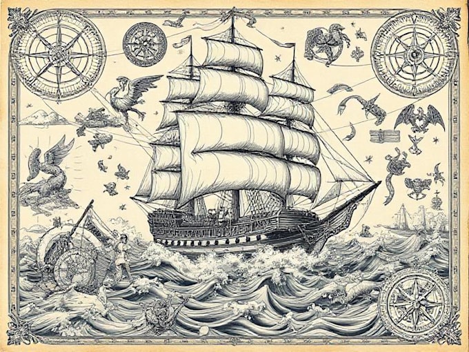 draw any ship, or fantasy map illustration with cool details