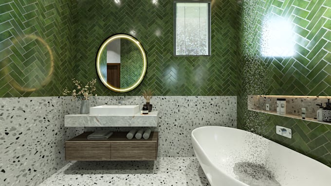 do 3d rendering, interior design bathroom, bedroom and living room