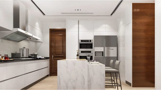 do 3d photorealistic farmhouse kitchen interior design
