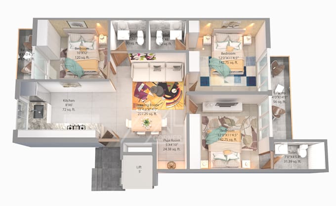 give photo realistic 3d floor plan rendering service