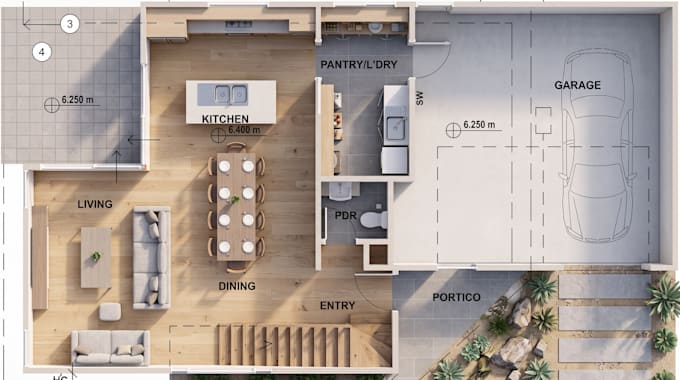 draw floor plan in autocad then render in photoshop and illustrator