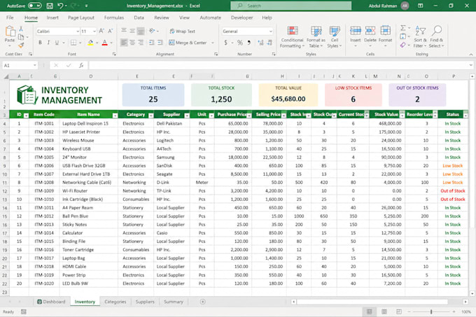 design inventory management system in excel or google sheets