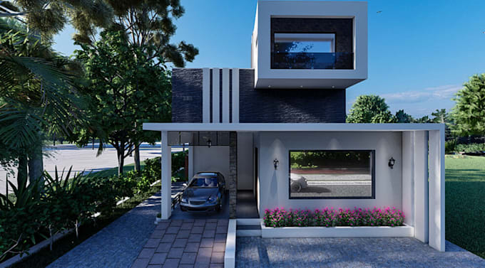 front elevation design,facade exterior rendering,outdoor villa loggia, landscape