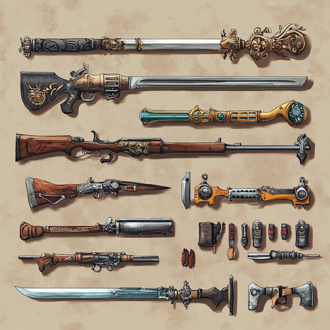 make a 3d weapon illustration for gaming