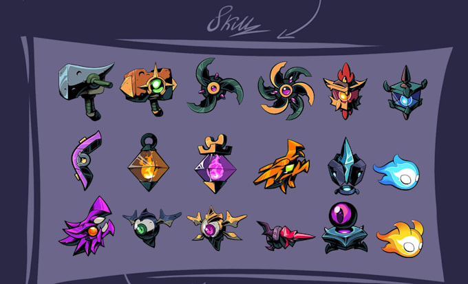 create 2d game asset, game art, with props 2d game character, 2d weapons