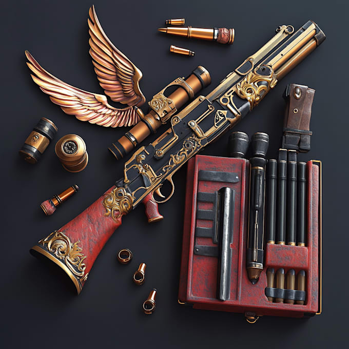make a 3d weapon illustration for gaming