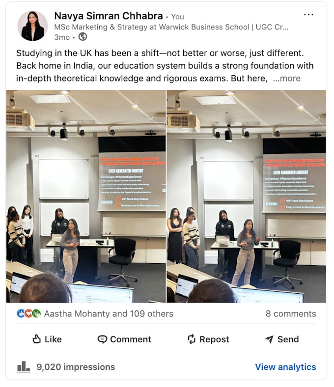 share your linkedin and instagram content with my UK based student audience