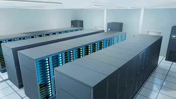 realistic 3d cgi server room, control room, ai data center and warehouse design
