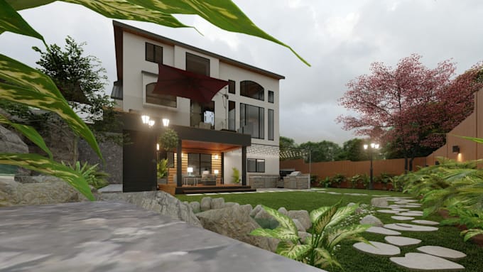 remodel old property lawn, landscape street, seating area,virtual staging render