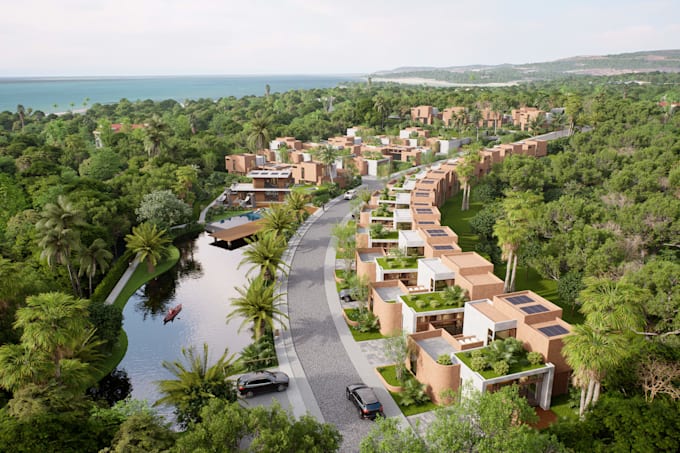 deliver photorealistic 3d aerial master plan renders