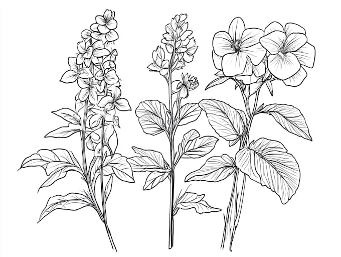 Hand draw botanical illustration line art of plants, flowers by ...