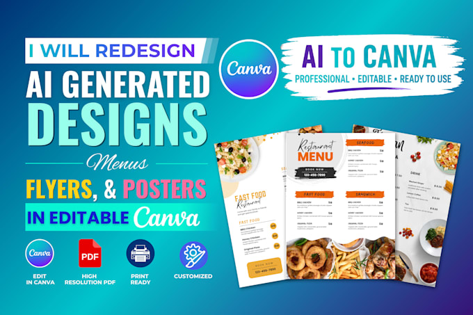 redesign ai generated designs, menus, flyers, and posters in editable canva