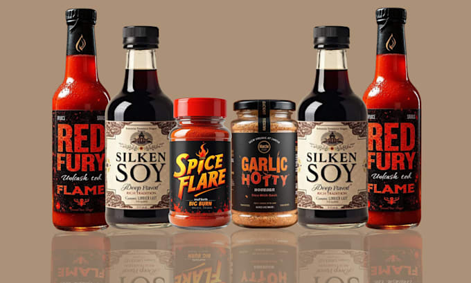 create design for sauce label, spice, wine, gin, chili