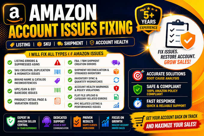 resolve amazon account issues, listing errors, skus and shipment problems