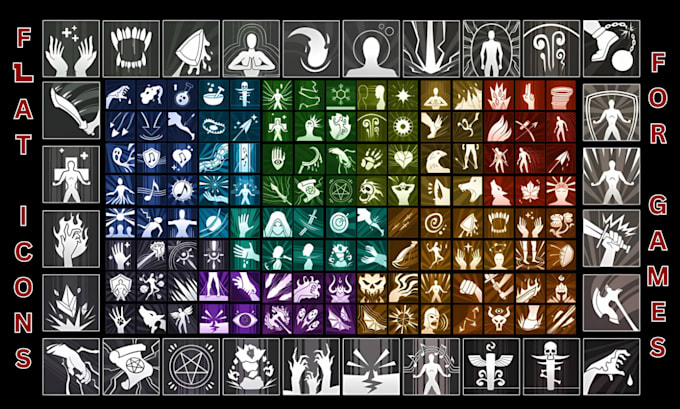 design vector icons, flat color icon game icons for rpg, moba, pixel indie games