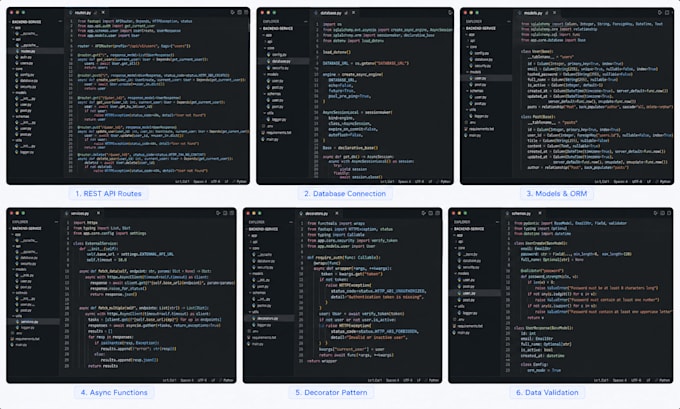 do python backend, rest API development, with database, and authentication