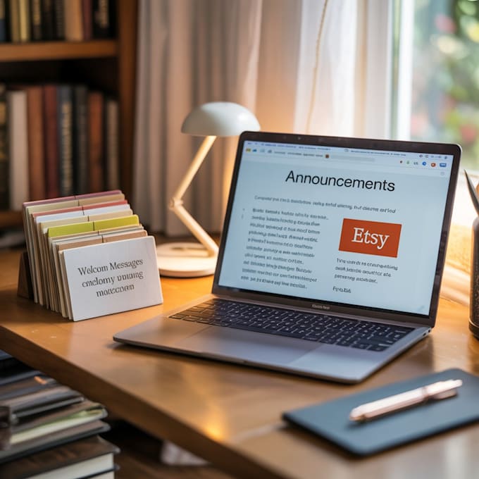 write etsy announcements, welcome messages, and shop policies