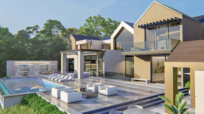 remodel 3d facade exterior,modern structure design,front yard render,pool loggia
