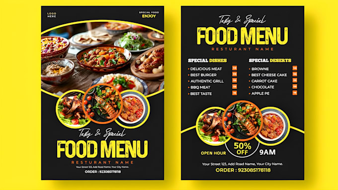 design a professional restaurant menu card with modern layout