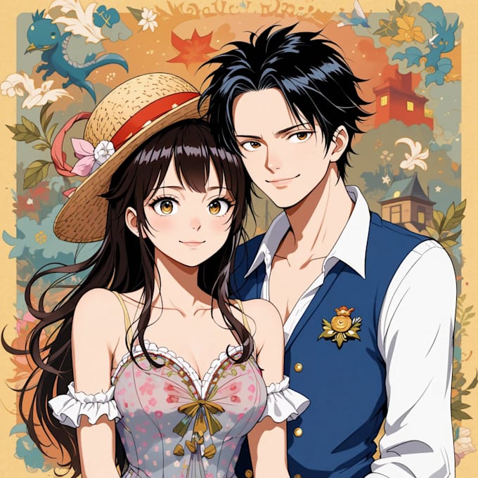 custom couple portrait one piece anime style