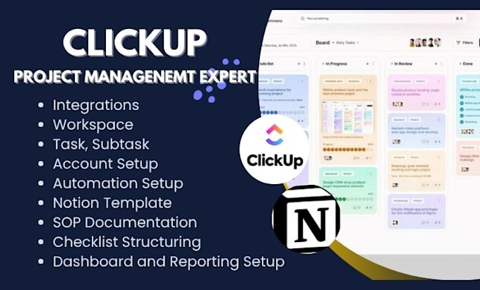 setup clickup workflows, automation project management notion template dashboard