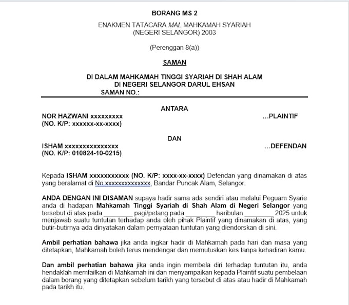 prepare court documents for malaysia or syariah cases