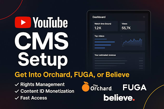 set up your youtube cms and connect you with orchard, fuga, or believe