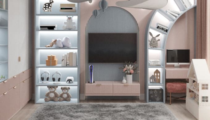 restyle 3d luxury kids room, cozy bed, toy mockup, interior layout, cad render