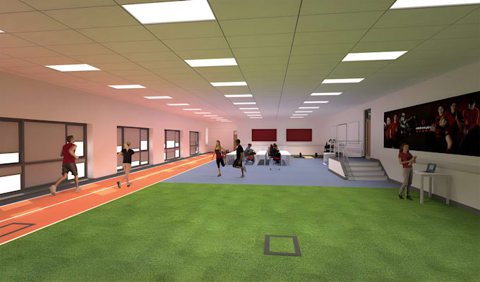 design a realistic 3d football academy with training fields, dorms, and plan