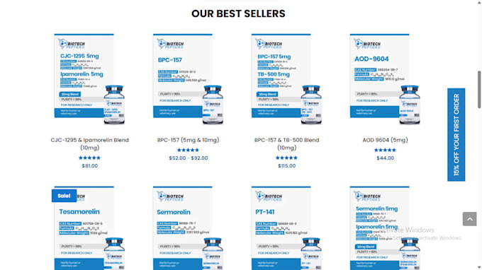 create peptides supplement website for nootropic, glp, steroid and label mockup