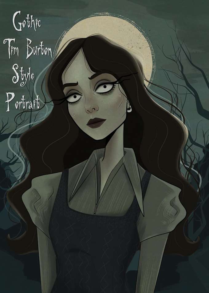 create a spooky cartoon portrait like tim burton characters