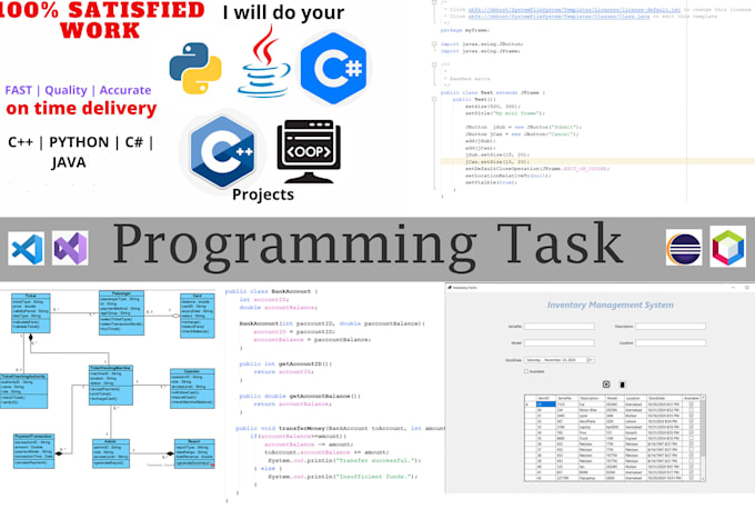 do java, cpp, c sharp, c, python programming projects assignment with dsa, sql