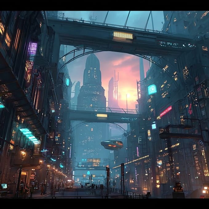 Draw a cyberpunk futuristic city art illustration by Gusling | Fiverr