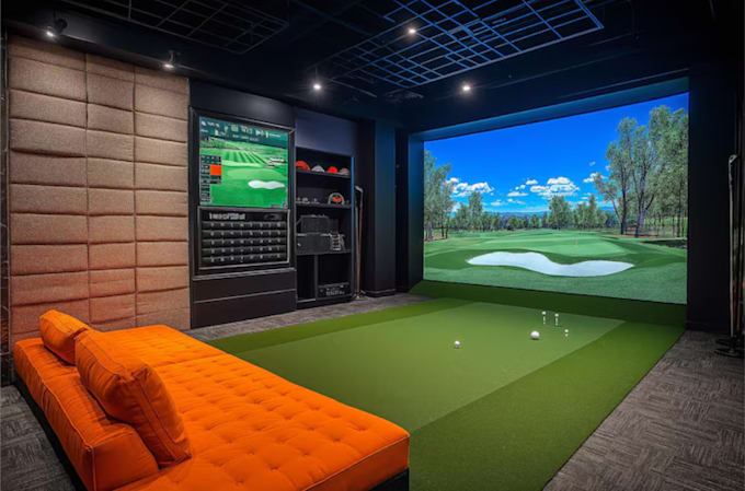 custom 3d golf simulation room with realistic cgi render,VR integration,golf cgi